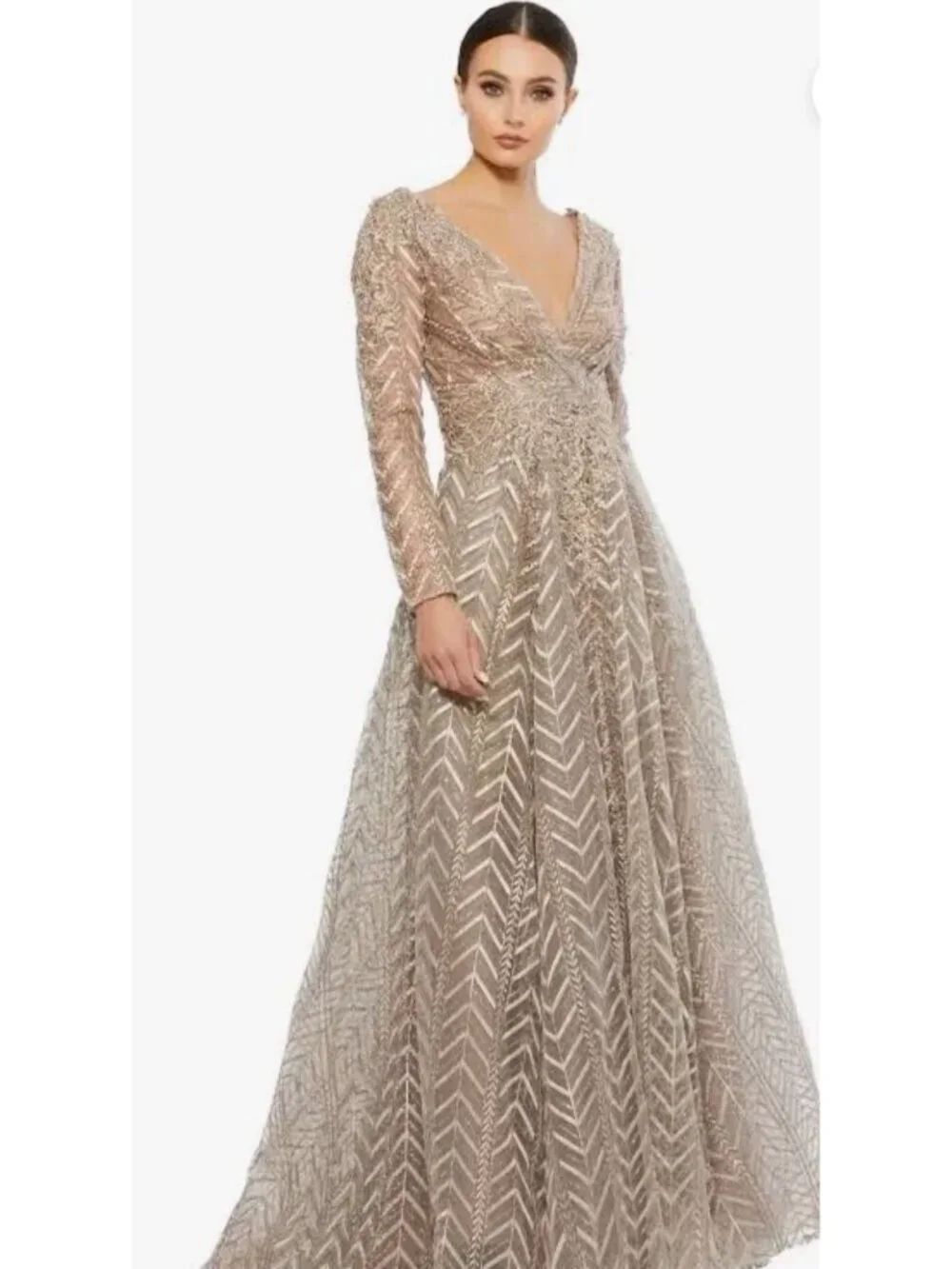 Mac Duggal 20189 Embellished Illusion Long Sleeve Wrap Over A-Line Gown Size 14